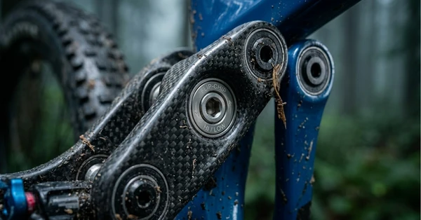 Close up view of the adjustable travel flip-chip and dw-link suspension on the Mach 4 SL.