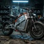 Front view of an aggressive 2026 frameless electric motorcycle parked inside a gritty mechanic's garage.