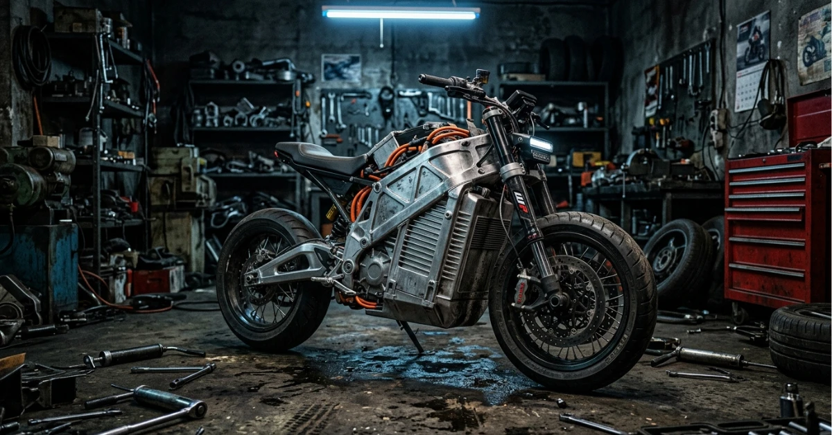 Front view of an aggressive 2026 frameless electric motorcycle parked inside a gritty mechanic's garage.