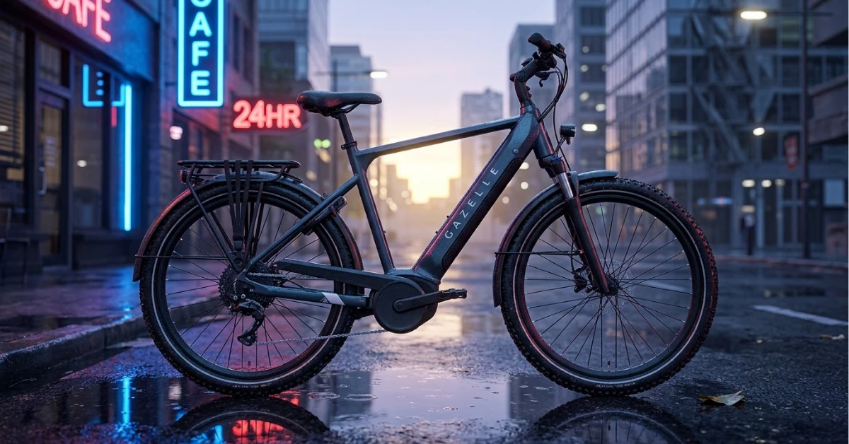 Gazelle Medeo T10 electric bike parked on a city street at dawn