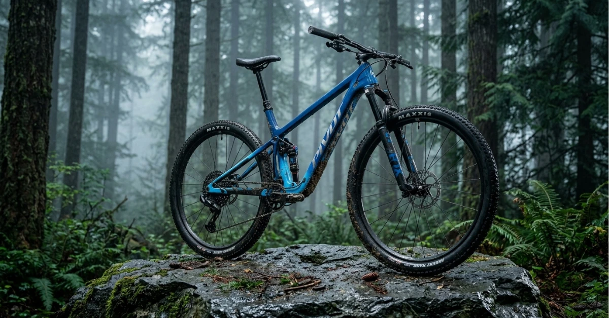 Pivot Mach 4 SL cross country mountain bike parked on a wet rock in a misty PNW forest.