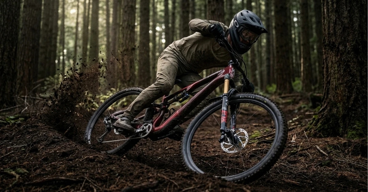 Rider aggressively cornering the 2026 Specialized Stumpjumper EVO on a loamy trail.