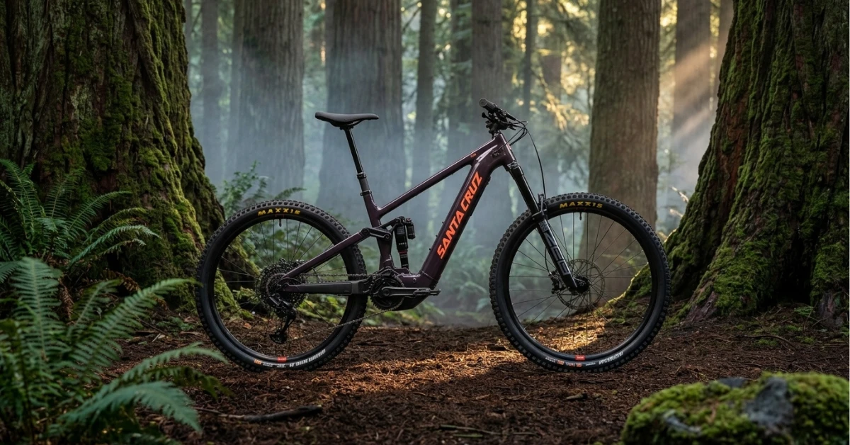 Santa Cruz Vala 90 e-MTB parked on a foggy Pacific Northwest trail.