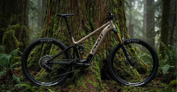The Pivot Shuttle AM resting against a redwood tree in a misty forest.